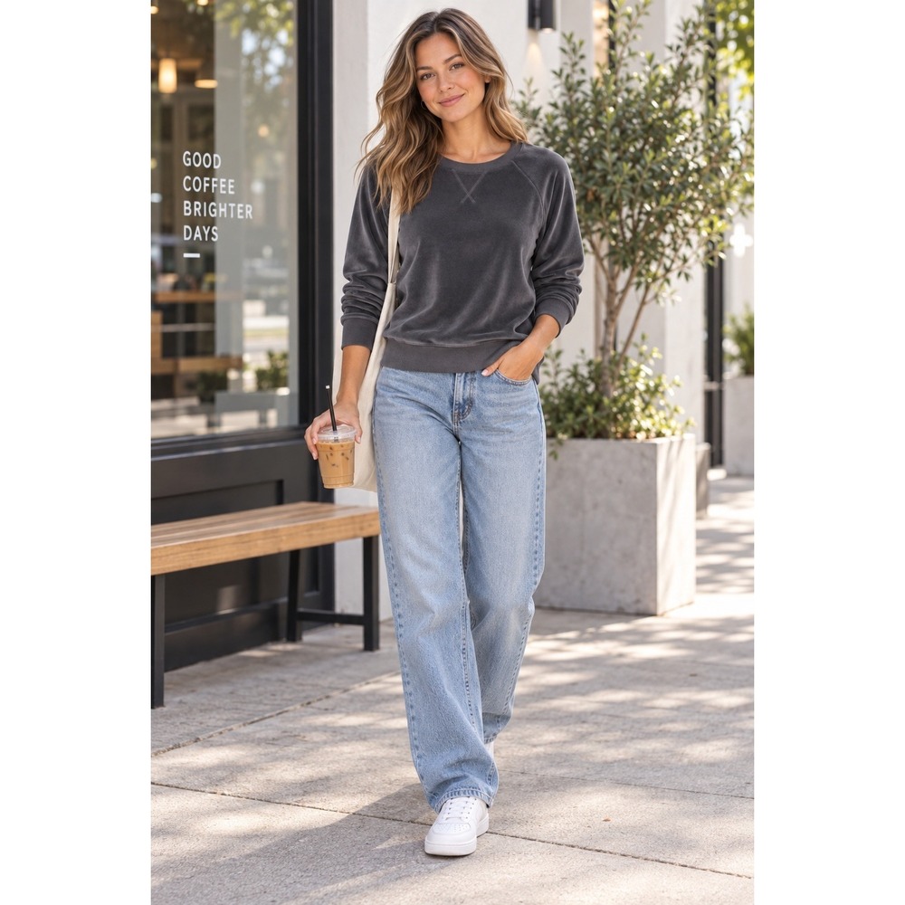 Pact Women's (M) Cotton Velour Crew Pullover Top Graphite Outerwear Shirt Lounge